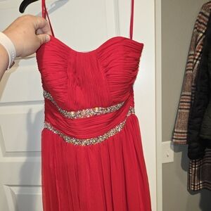 Elegant Red Gown with Embellished Waist